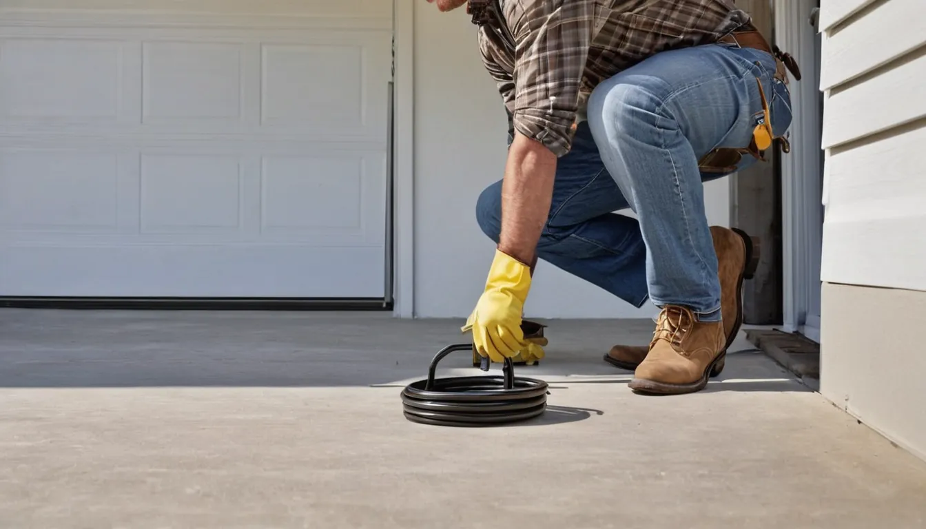 A local provider checking a torsion spring above a garage door at a stucco home in Brentwood