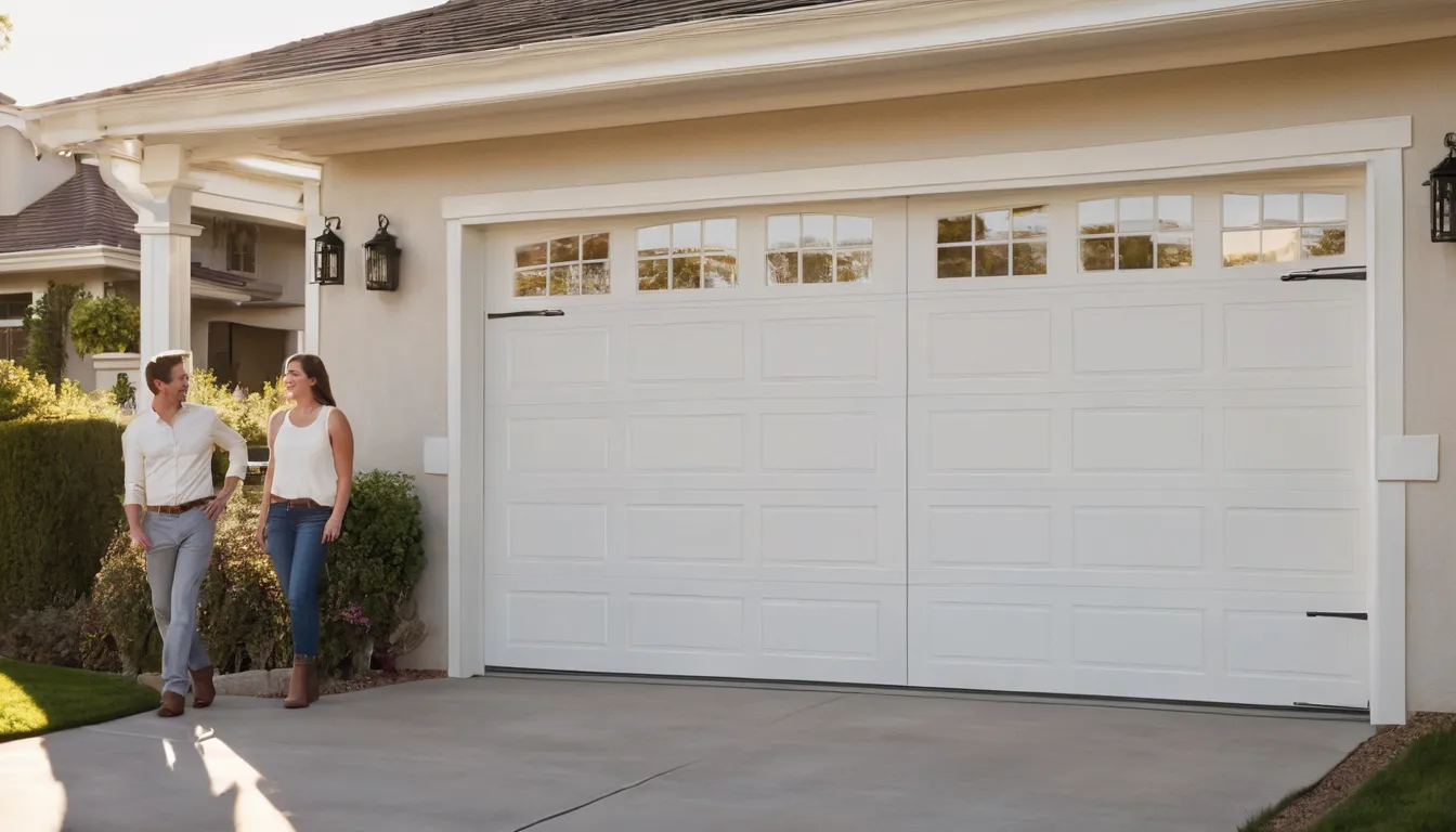 A friendly homeowner talking with a garage door provider in front of a stucco home in Brentwood